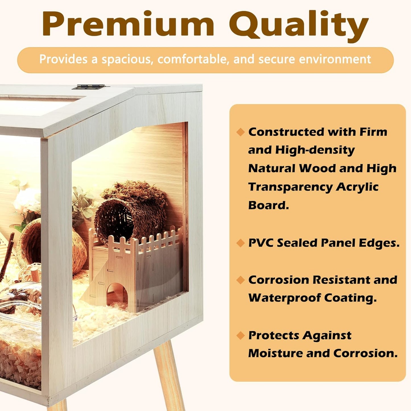 Prolee Hamster Cage Wooden Chew Proof, Extra Large Mice and Rat Habitat Openable Top with Acrylic Sheets Solid Built Small Animal Cage with Leg Stands, 48 Inch Long