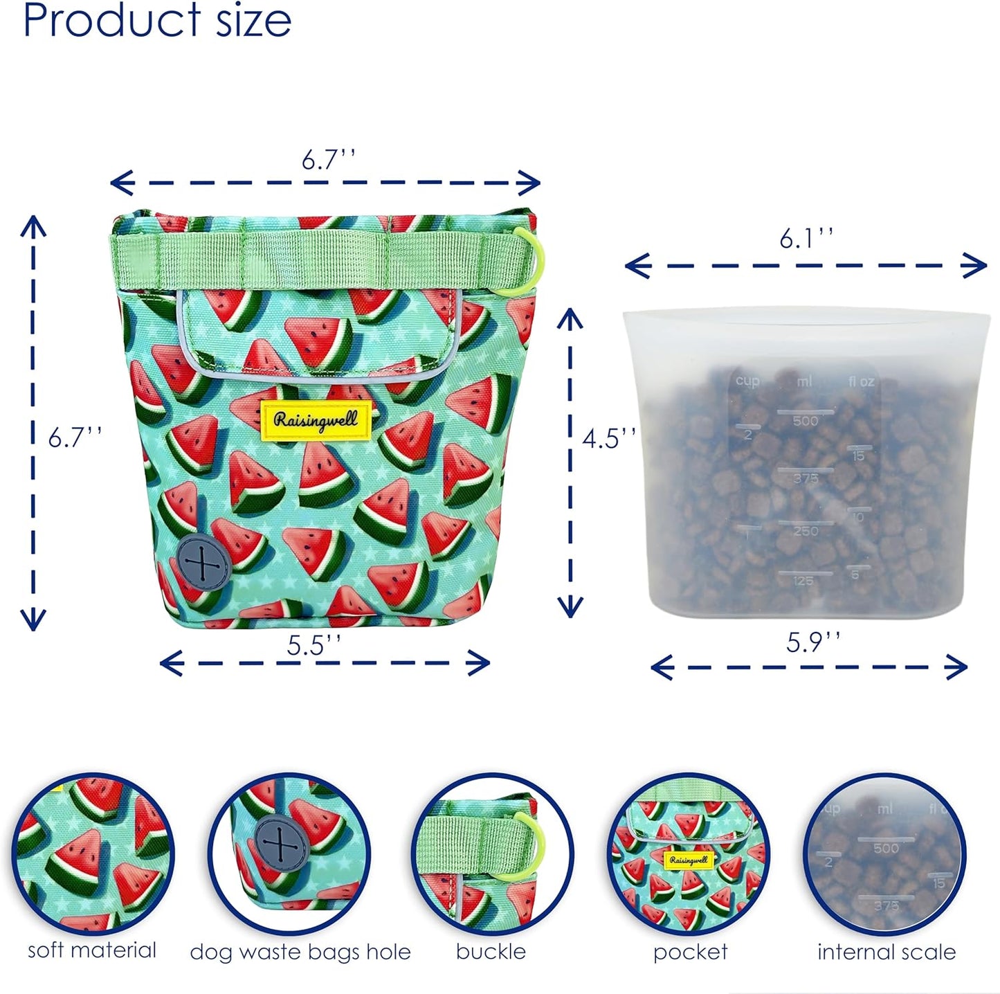 Dog Treat Pouch for Pet Walking and Training with Clicker 2 Cup Silicone Bag Small Fanny Pack Holder for Puppy Snack Dispenser Kit for Leash and Outdoor Use (Watermelon)