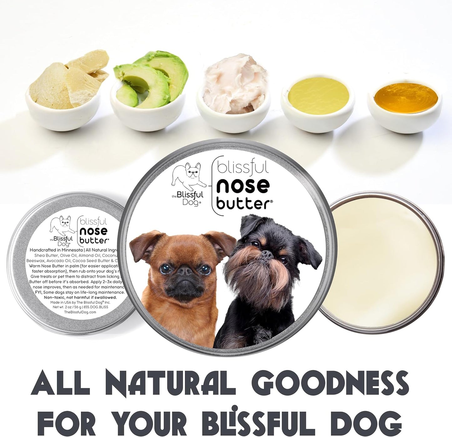 The Blissful Dog Brussels Griffon Nose Butter for Dry, Cracked Skin, Lick-Safe Dog Nose Balm with Moisturizing Shea Butter, Almond, Olive, and Essential Oils, Pet Supplies, Uncented, 2 oz.