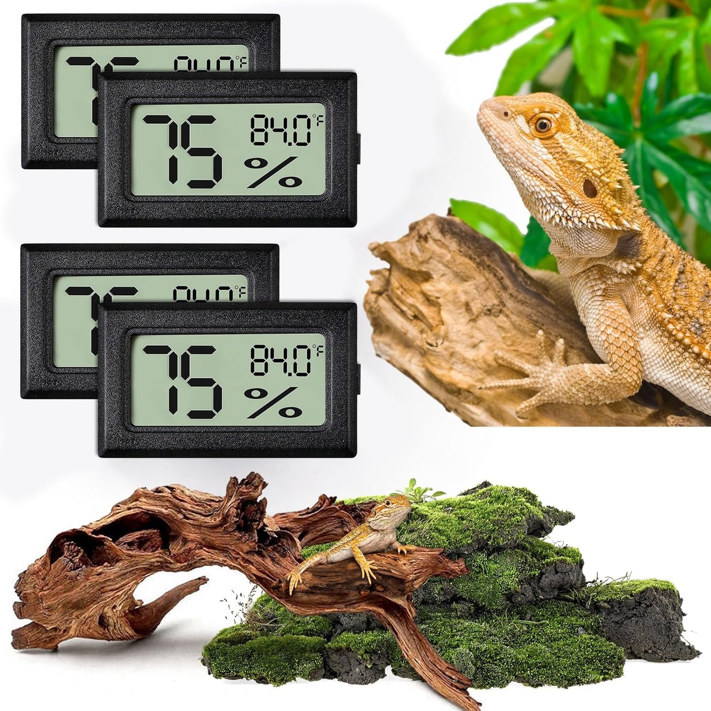 Reptile Thermometer and Humidity Gauge,4PCS Digital Adhesive Reptile Hydrometer Thermomete Tank Accessories Pet Supplies for Tortoise Habitat,Chameleon Cage,Iguana,Tree Frog Terrarium
