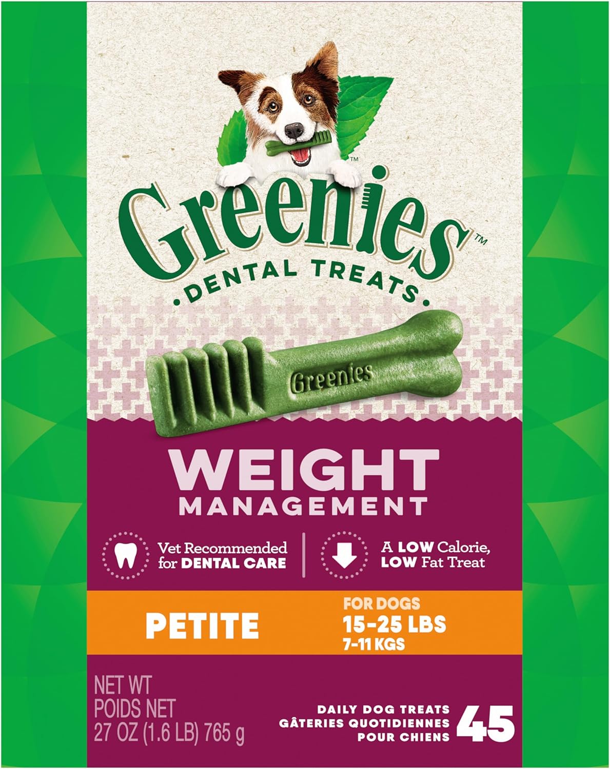 Greenies Weight Management Petite Dog Dental Chews Weight Control Dog Treats, 27 oz. Pack (45 Treats)