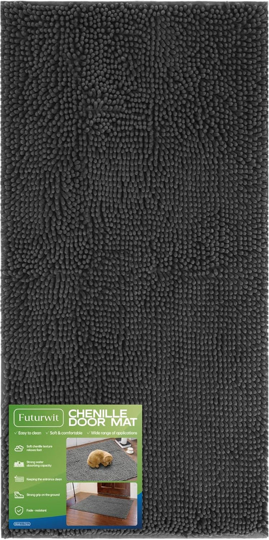 Dog Door Mat for Muddy Paws, 48" x 24" Chenille Absorbent Front Door Mat Inside, Large Runner Mud Mat for Dogs, Trap Dirt Washable Non Slip Outdoor Indoor Entrance Doormats, Grey