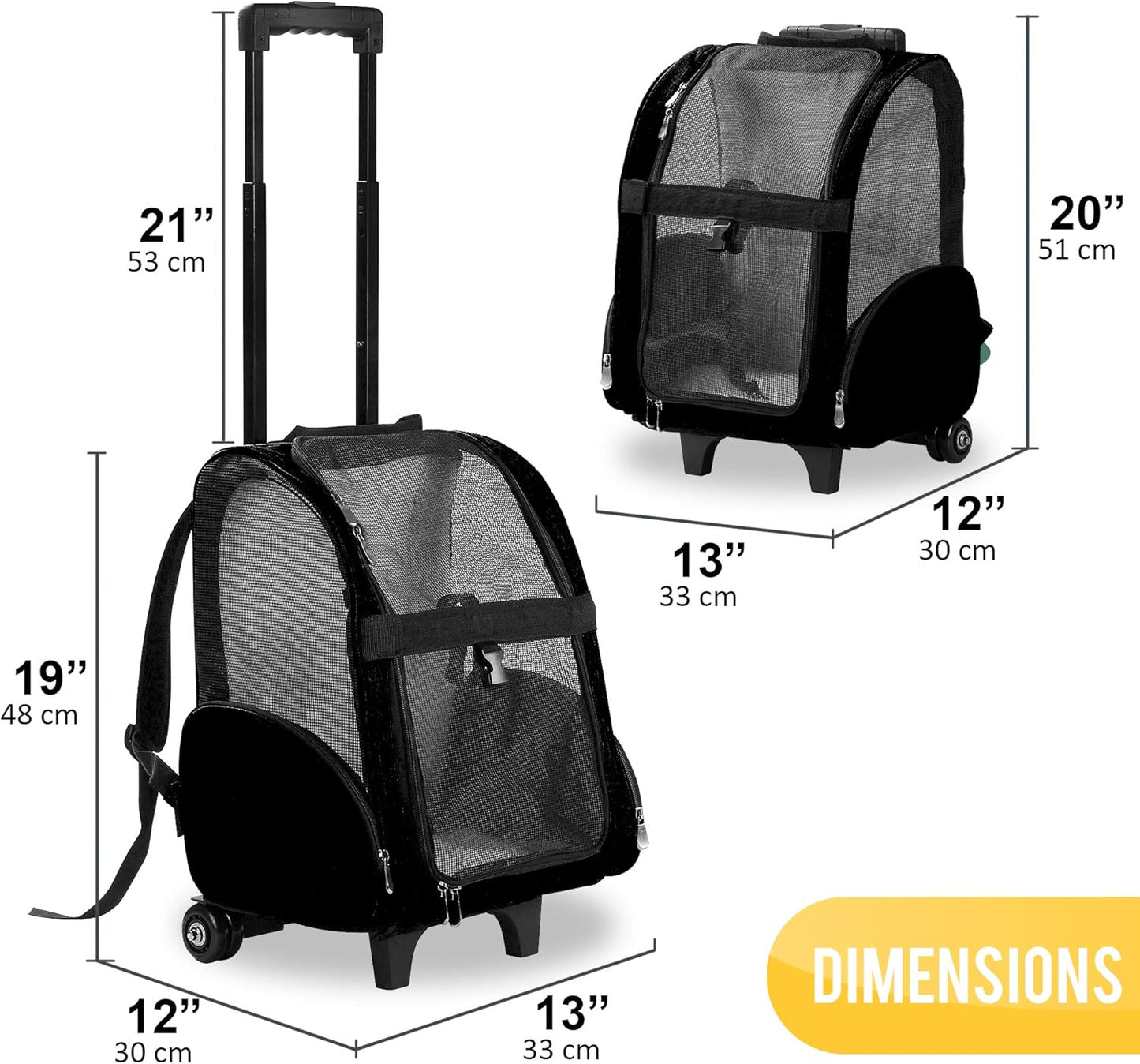 KOPEKS Deluxe Backpack Pet Travel Carrier with Double Wheels for Pets up to 10 Pounds - Black - Approved by Most Airlines