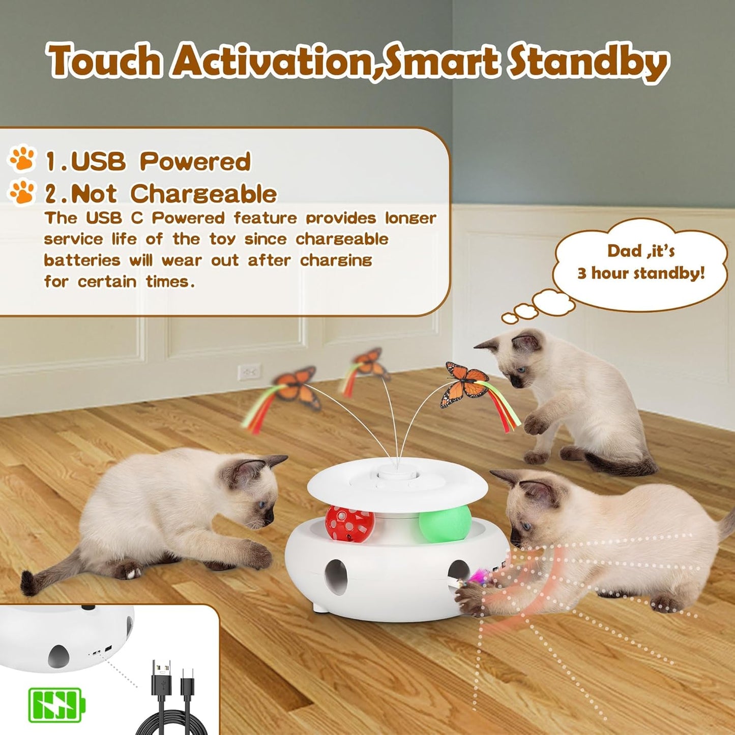 Cat Toys,3-in-1 Interactive Cat Toys for Indoor Cats,Rechargeable Automatic Interactive Cat Toy with Fluttering Butterfly,Smart Sensor 6 Holes Mice Whack-A-Mole and Track Balls, White