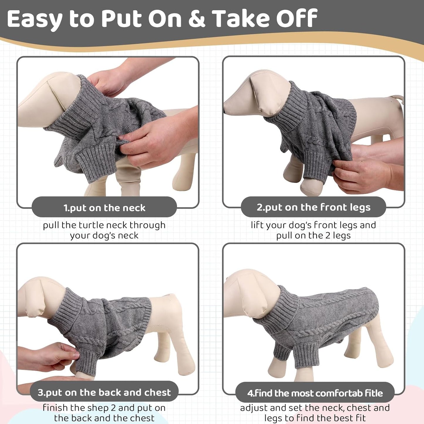 Queenmore Small Dog Pullover Sweater, Cold Weather Cable Knitwear, Classic Turtleneck Thick Warm Clothes for Chihuahua, Bulldog, Dachshund, Pug (Slate Grey, X-Large)