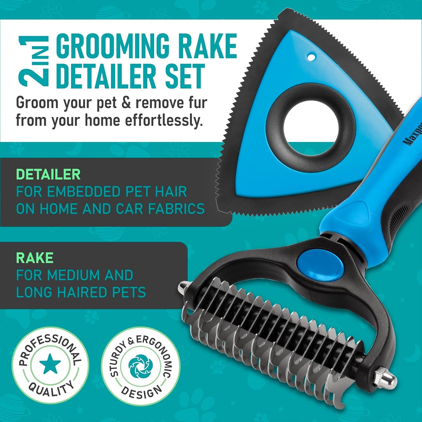 Maxpower Planet Pet Grooming Rake and Mini Pet Hair Remover Tool, Undercoat Rake for Dogs & Hair Remover for Car Carpet, Cat Fur Removal and Double-Sided Deshedding Dematting Tool for Dogs and Cats