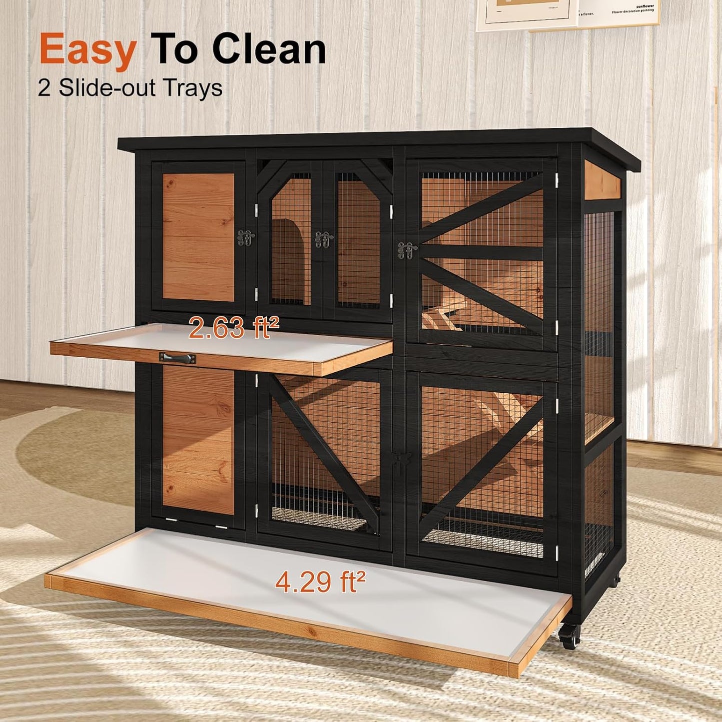 47.3" Two Story Rabbit Cage Bunny Cage Indoor, Wooden Rabbit Hutch Hamster Cages for Small Animals, Outdoor Guinea Pig Cages with Wheels & 2 Removable Trays & Bottom Wire Mesh