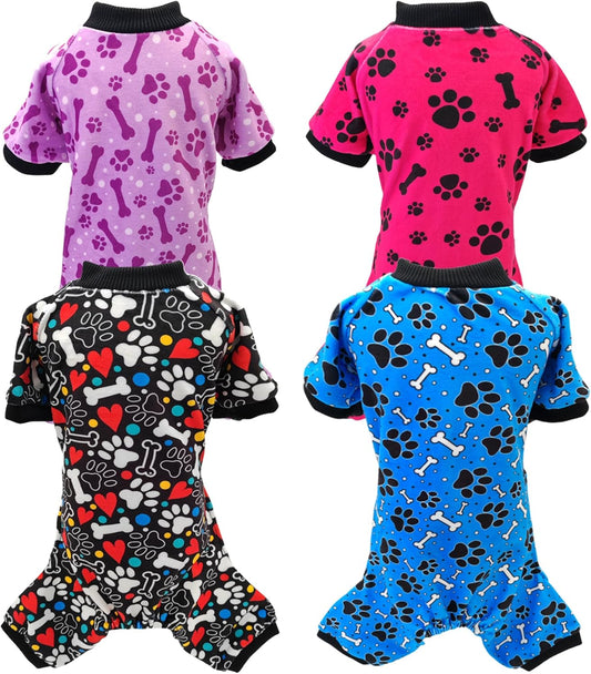PET SHOW 4 Pack Small Dog Pajamas Paw Bone Patterns Cute Clothes for Medium Dogs Soft Fleece Stretchy PJs 4 Legged Jumpsuit Puppy Cats Onesies Outfits with Sleeve Dachshund Doggies Girl Boy (X-Small)