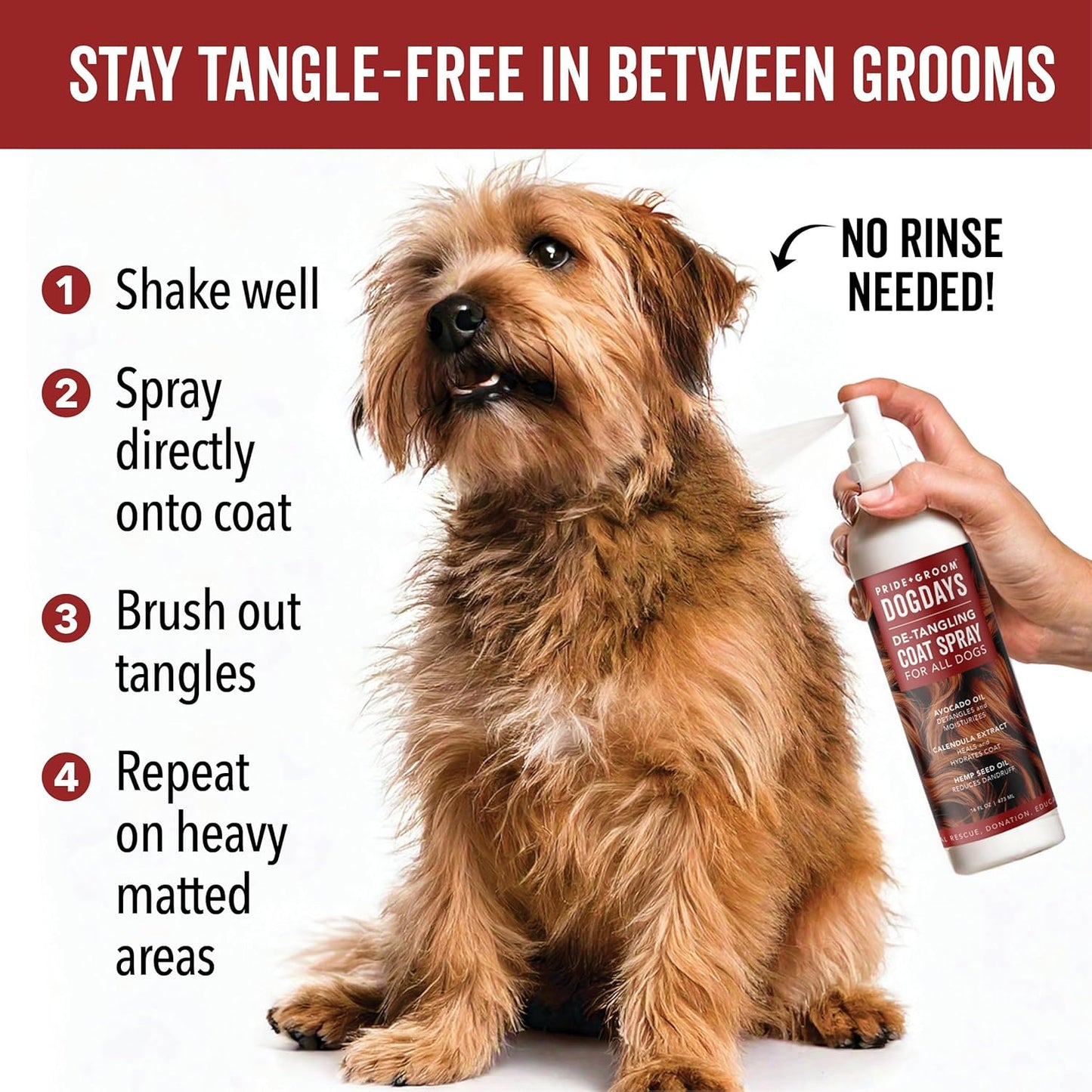 Pride and Groom DogDays Detangling Coat Spray for All Dogs | Conditioner & Detangler Spray for Shiny, Tangle-Free Fur | Hydrating & Repairing Formula with Fresh Scent | Made in USA – 16 fl oz
