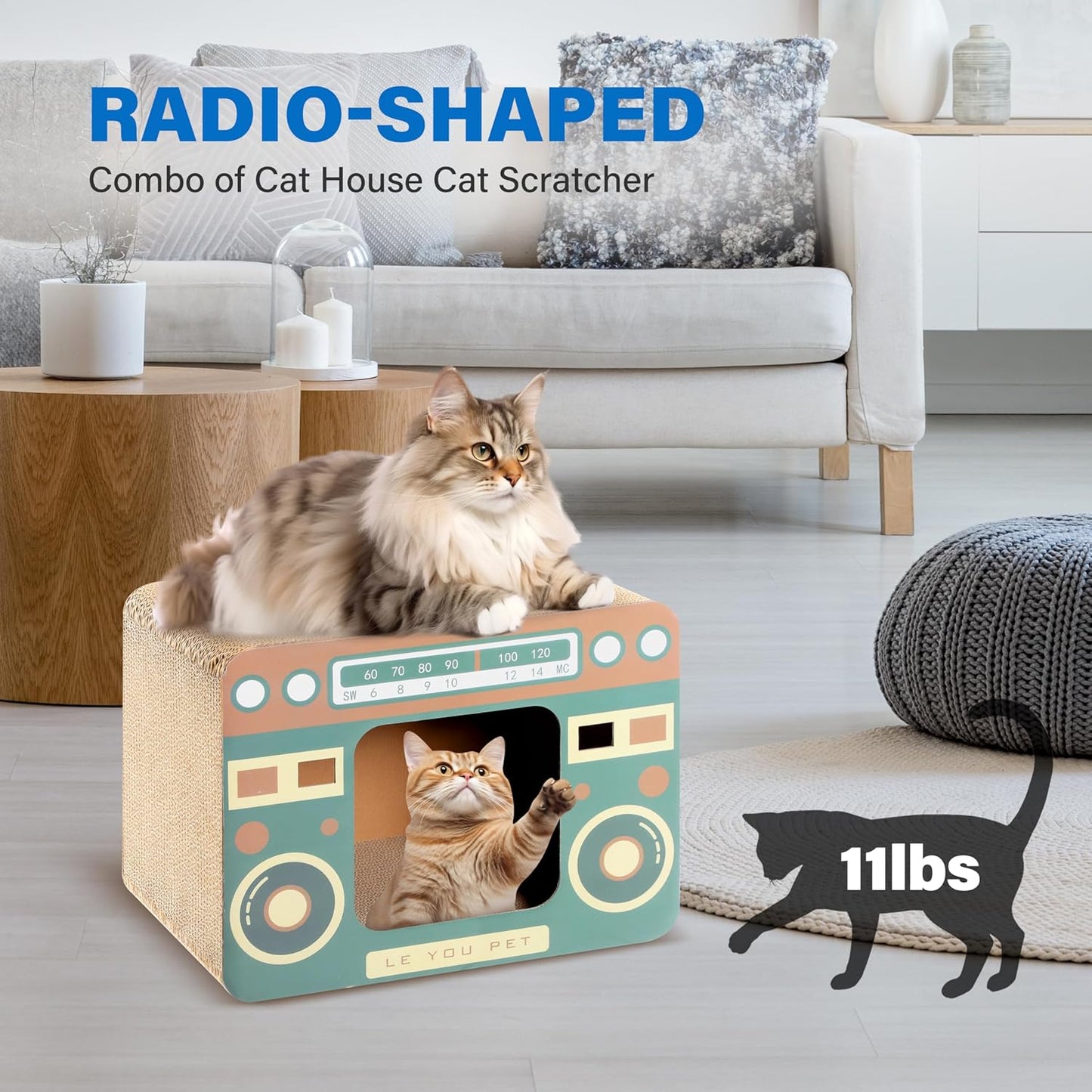 Radio Cat Scratcher Cardboard Lounge Bed - Durable Pads Prevent Furniture Damage - Cat Scratchers & Play House for Indoor Cats - Corrugated Scratcher Box Toy for Cat Birthday