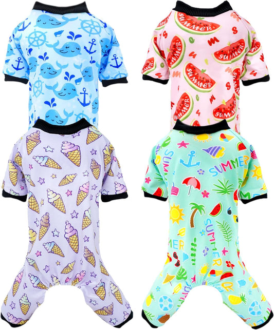 PET SHOW 4 Pack Small Dog Pajamas Watermelon Doggies Soft Stretchy PJs Whale Ice Cream Jumpsuit Puppy Cats Girl Boy Floral Onesies Outfits with Sleeve Pets Breathable Summer Dog Clothes Costume S