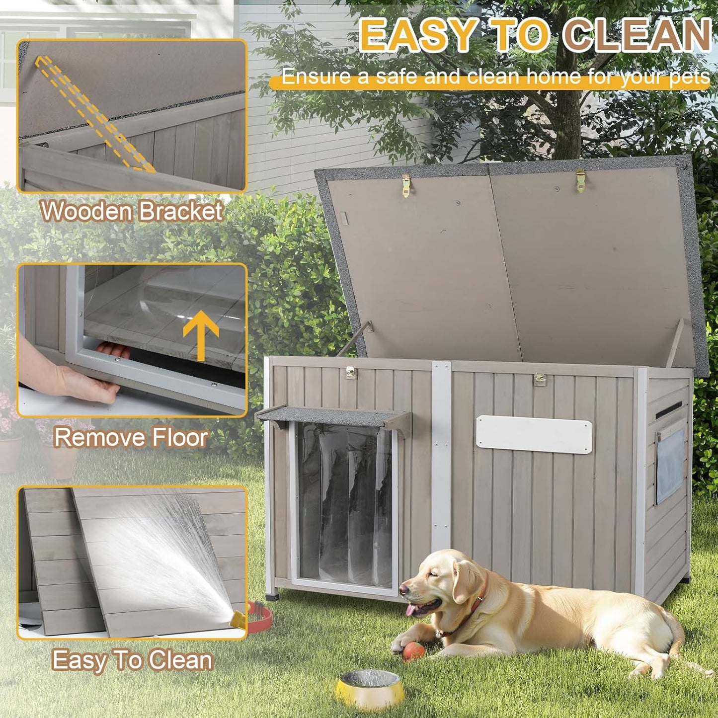Weatherproof Outdoor Dog House, Wooden Puppy Shelter with Anti-Chewing Iron Frame and Elevated Floor, Sturdy Dog Kennel for Small, Medium & Large Dogs, Grey (Gray, 51" L x 29" W x 32" H)