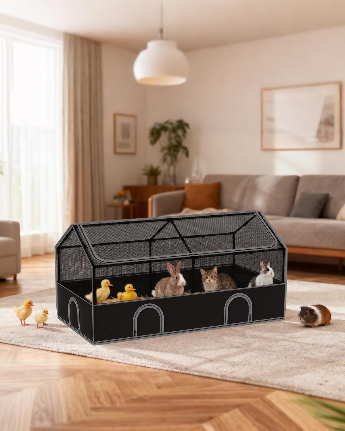 DINMO Small Animal Playpen, Chicken Brooder Box with Cover Top, Pet Fence Indoor, Guinea Pig Cages,Pet Playpen with Waterproof Floor for Hamsters, Hedgehogs, Bunny,Kittens, Chicken,Black