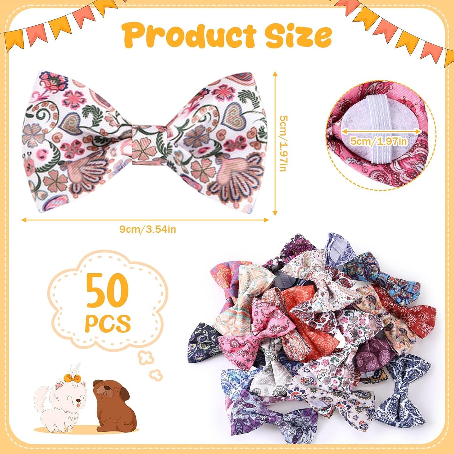Reginary 50 Pieces Dog Bow Ties Pet Collar Bow Puppy Collar Attachment with Rubber Bands for Small Medium Cat Pet Grooming Charms Accessories Wedding Birthday Occasion (Paisley Style)
