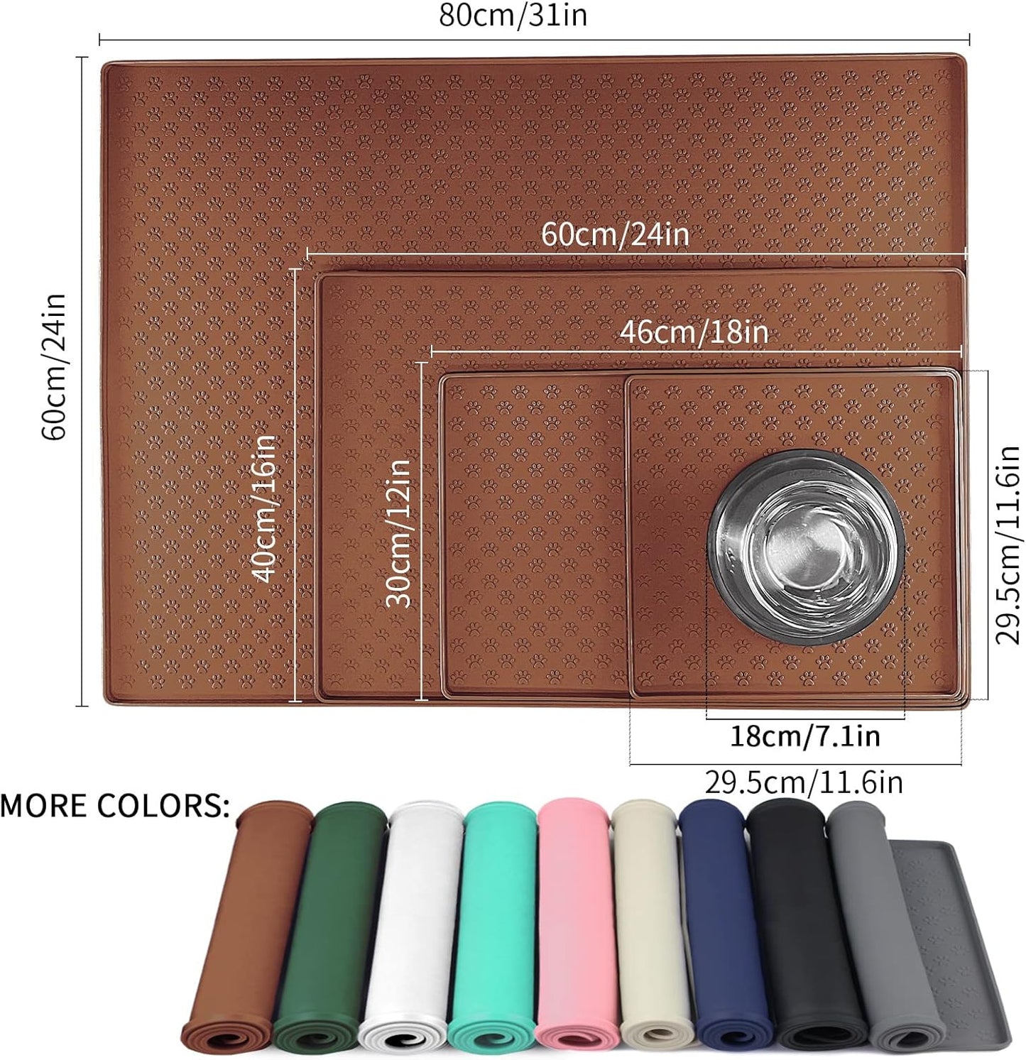 Ptlom Pet Placemat for Dog and Cat, Waterproof Silicone Pet Feeding Bowl Mats for Food and Water, Small Medium Large Dogs Mat Prevent Residues from Spilling to Floor, Brown, 11.8"x11.8"