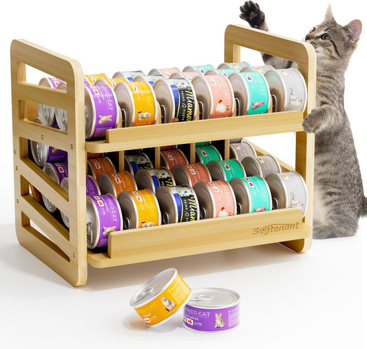 Rolling Bamboo Cat Food Can Organizer, 2-Layer Wet Cat Food Storage Container Holds 42 (3oz) Cans, Canned Cat Food Organizer and Storage for Countertop Kitchen Cabinet or Pantry Shelf