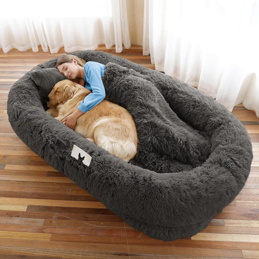 Human Dog Bed, 71''x45''x12'' Size Fits You and Pets, Washable Faux Fur Pet Bed for People Doze Off, Napping Orthopedic Dog Bed, Present Plump Pillow, Blanket, Strap - Dark Grey