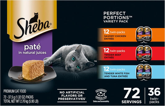 Sheba Perfect Portions Wet Cat Food Pate Savory Chicken Entree, Tender Beef Entree, and Tender Whitefish and Tuna Entree, 2.6 oz. Twin-Pack Trays (36 Count, 72 Servings)
