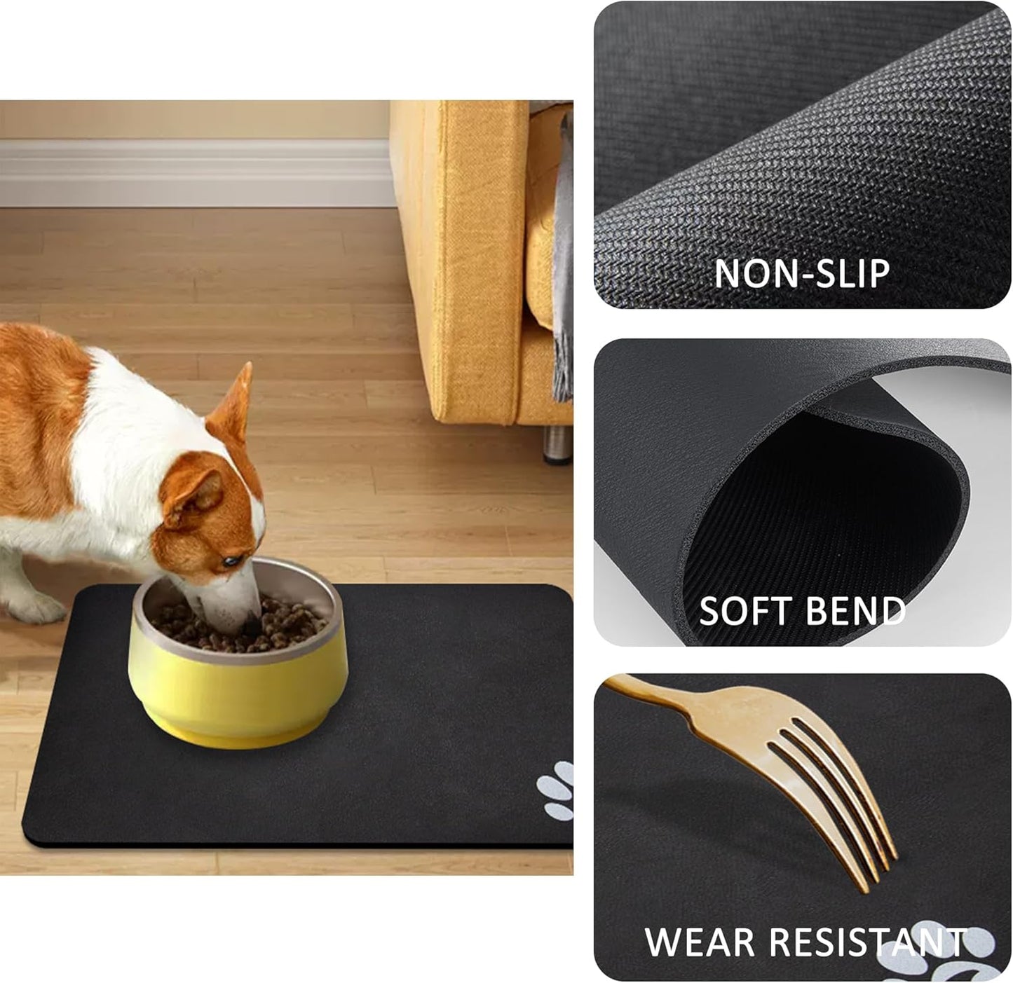 YCT Pet Dog Cat Feeding Mats - Non-Slip, Super Absorbent, Eating Mat with Footprints, 24 x 16.9 inches, Dark Grey