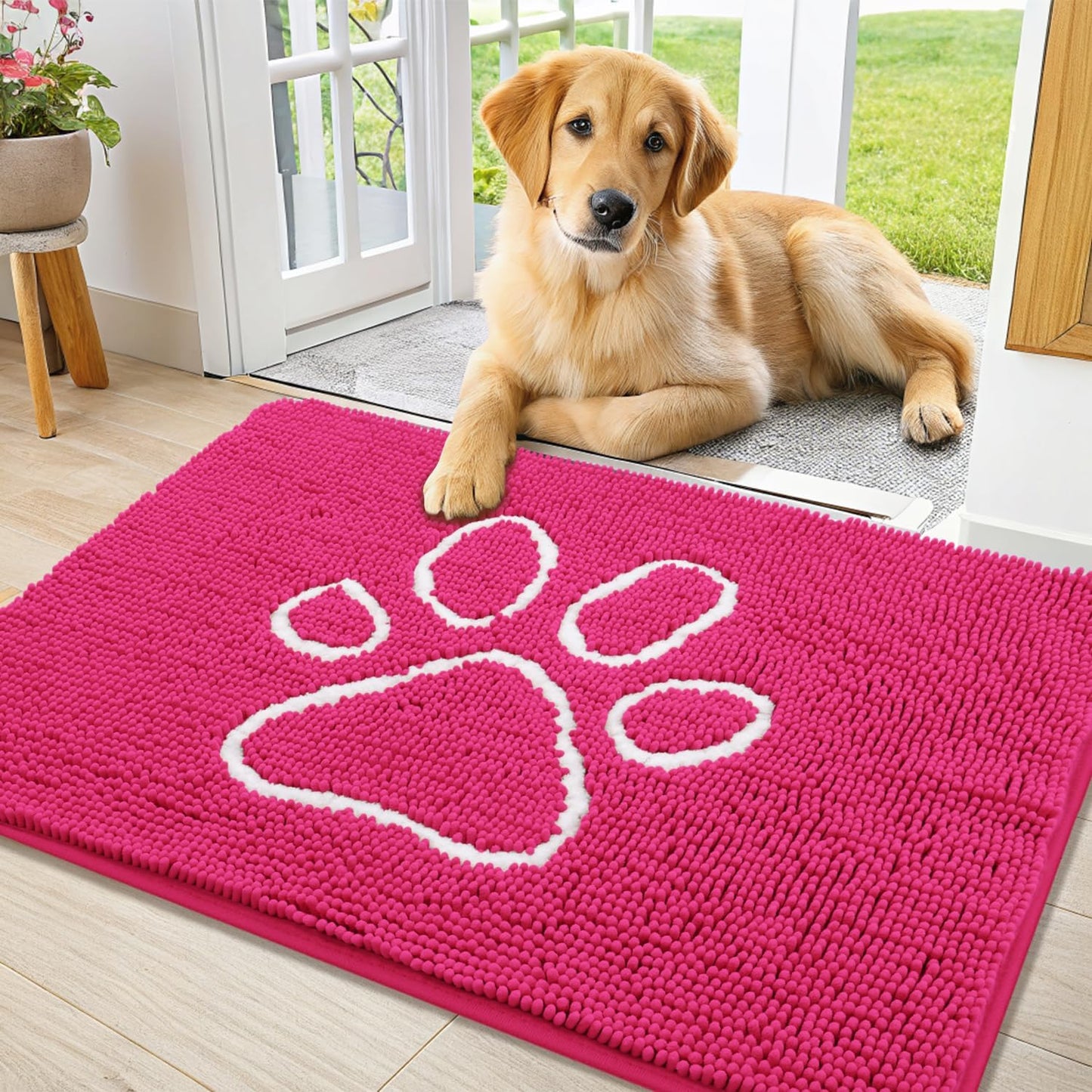 Smiry Dog Door Mat for Muddy Paws, Absorbent Dirt Trapper Non Slip Quick Dry Washable Chenille Mat for Mud Dogs, Entry Rug for Indoor and Outdoor (36x24 Inches, Hot Pink)