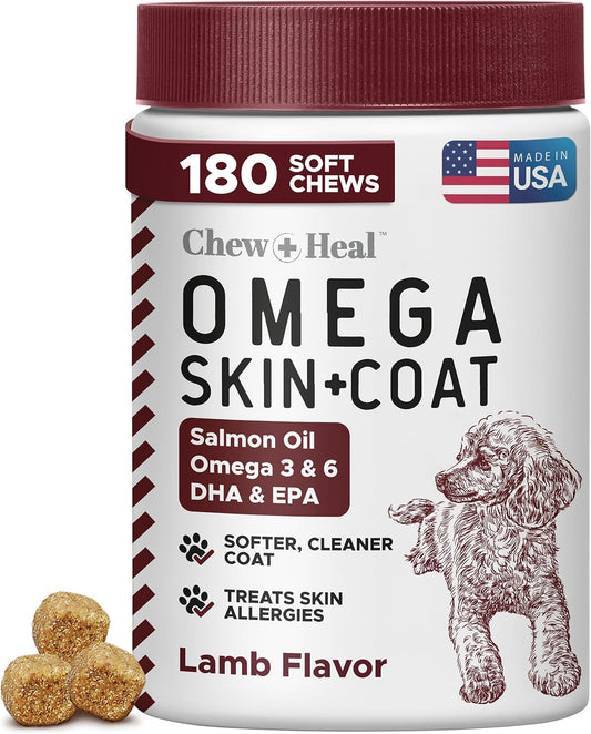 Salmon Oil for Dogs - Soft Chew Omega Treats for Skin and Coat - Fish Oil Blend of Essential Fatty Acids, Omega 3 and 6, Vitamins, Antioxidants and Minerals - Made in USA (180 Chews, Lamb)
