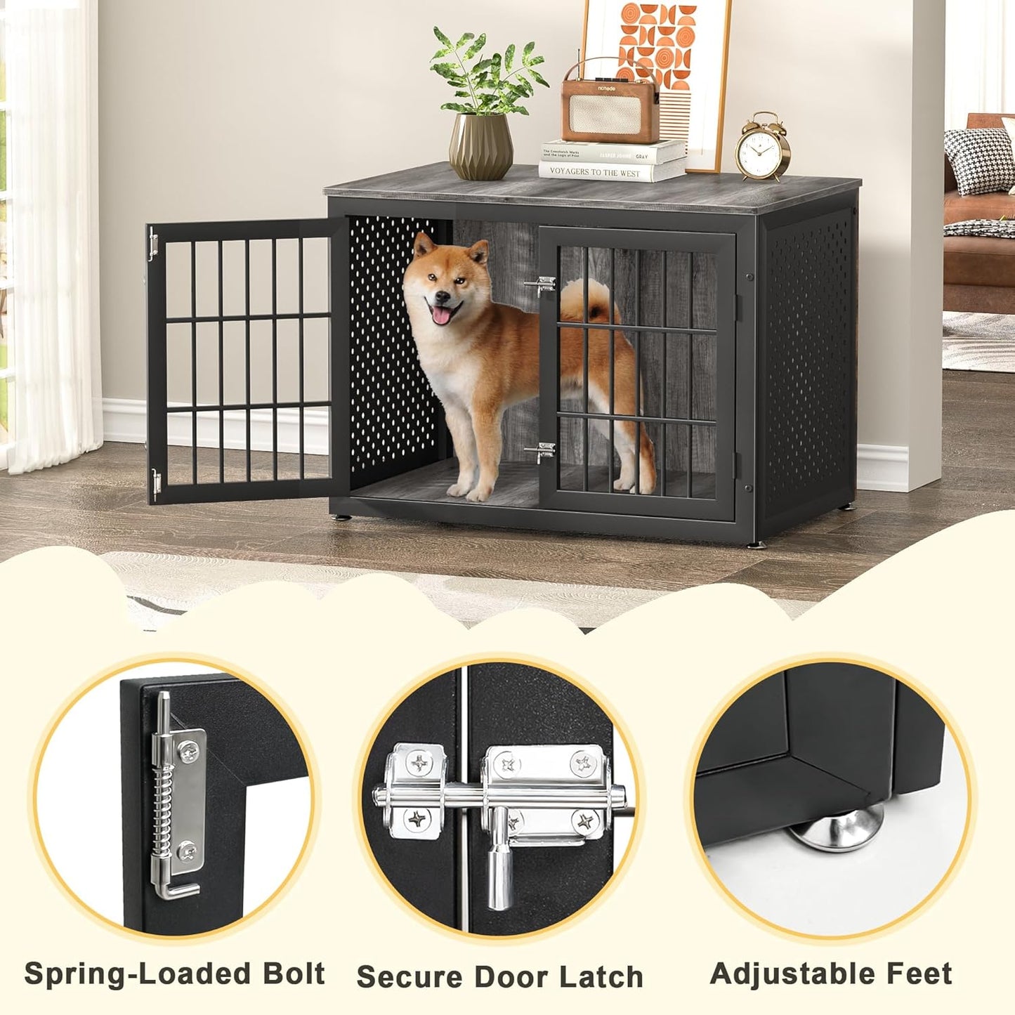 38" Heavy Duty Dog Crate Furniture for Large and Medium Dogs,Wooden Metal Kennel for High Anxiety Dogs, Chew Proof Cage Indoor, Decorative Kennel End Table