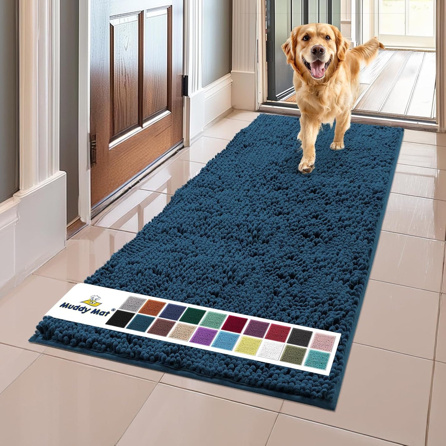 Muddy Mat® Shown on TV–Super Absorbent Microfiber Dog Door Mat for Muddy Paws, Non-Slip Washable Pet Rug, Quick Dry Chenille Entryway Carpet, Machine Washable Indoor Outdoor mat–Atlantic Blue 59"x24"