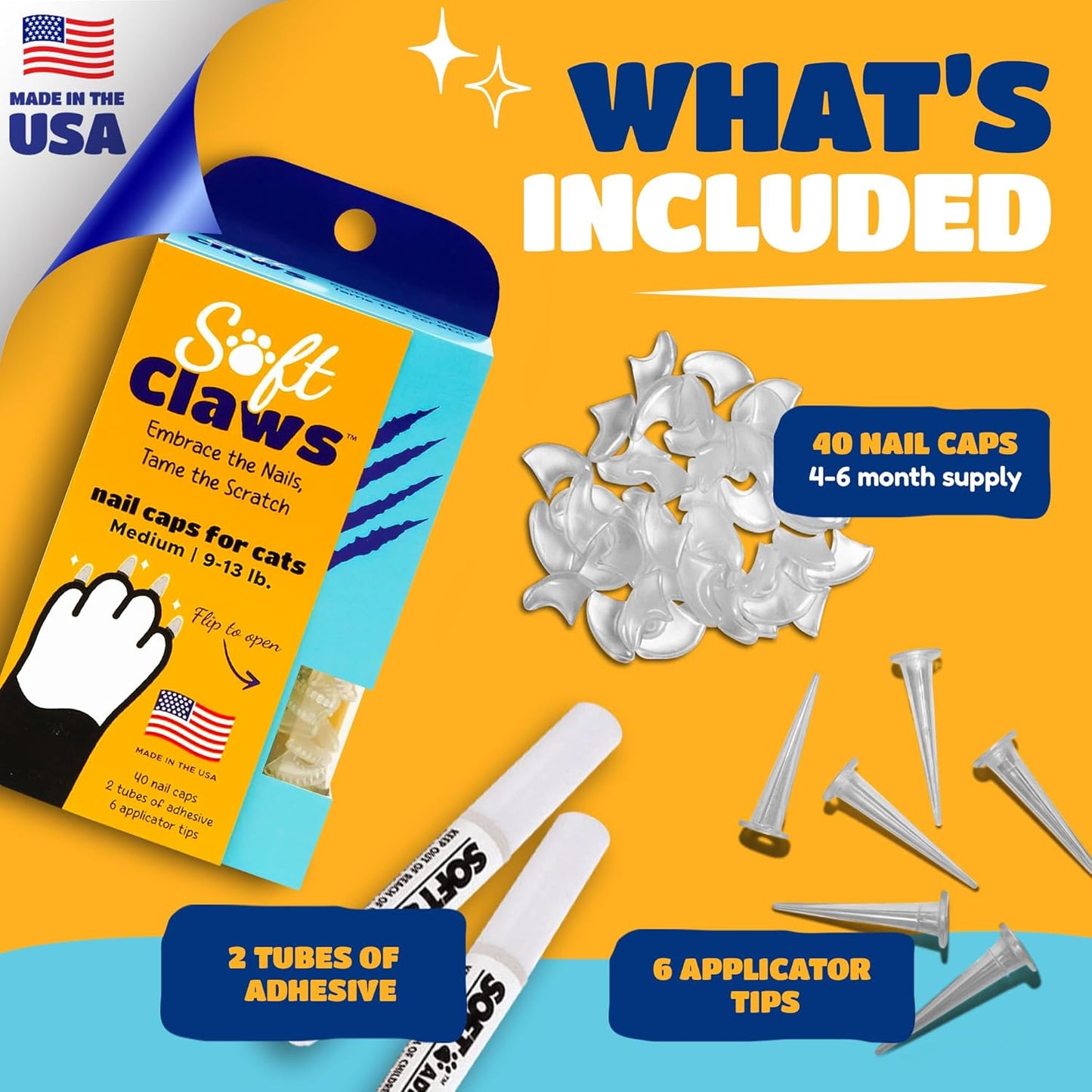 Soft Claws Cat Nail Caps for Medium Cats – (40 Caps, Gold Sparkle) - Made in USA - Veterinarian-Developed | Protects Furniture & Skin - Easy to Apply, Long-Lasting Anti-Scratch Soft Cat Claw Covers