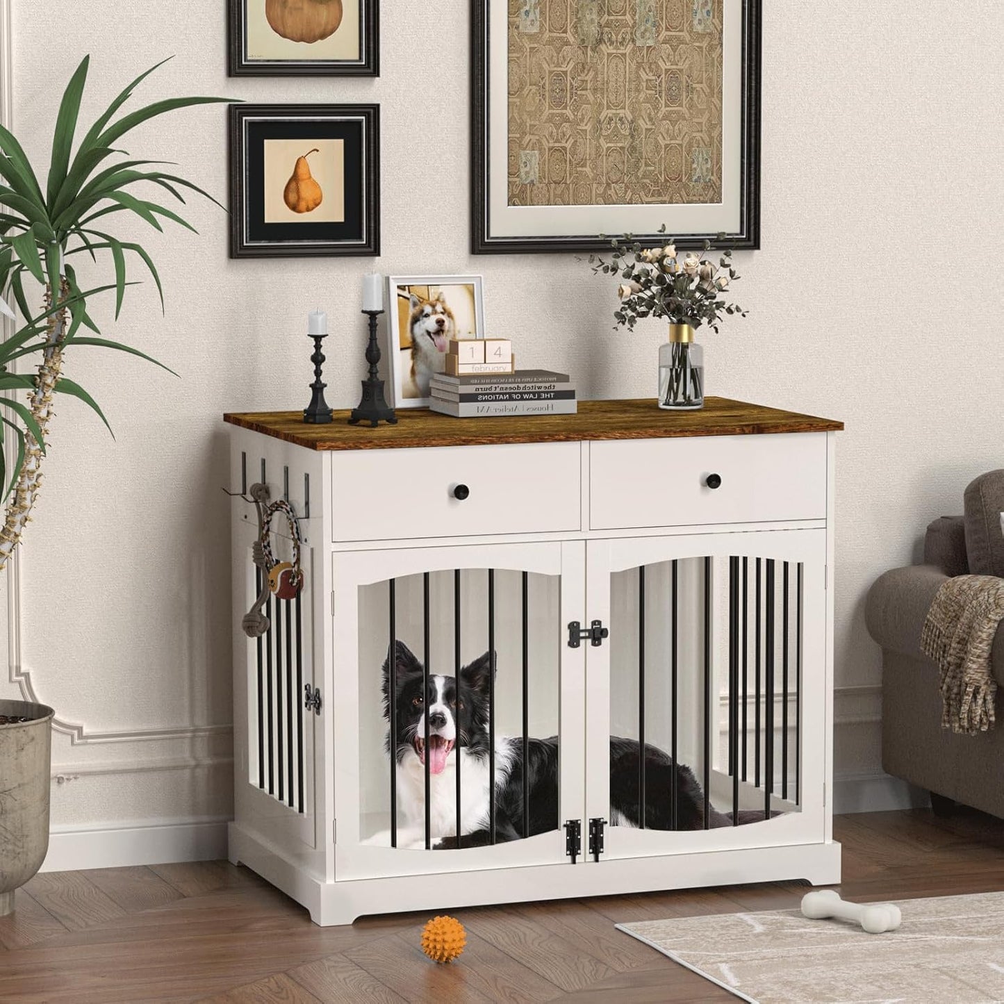 BREEZEHEAT 40 inch Dog Crate Furniture-Farmhouse Dog Kennel with Drawers-End Table Wooden Pet Crate, Double Door Design, Decorative Dog House Indoor for Small Medium Large Dog, White