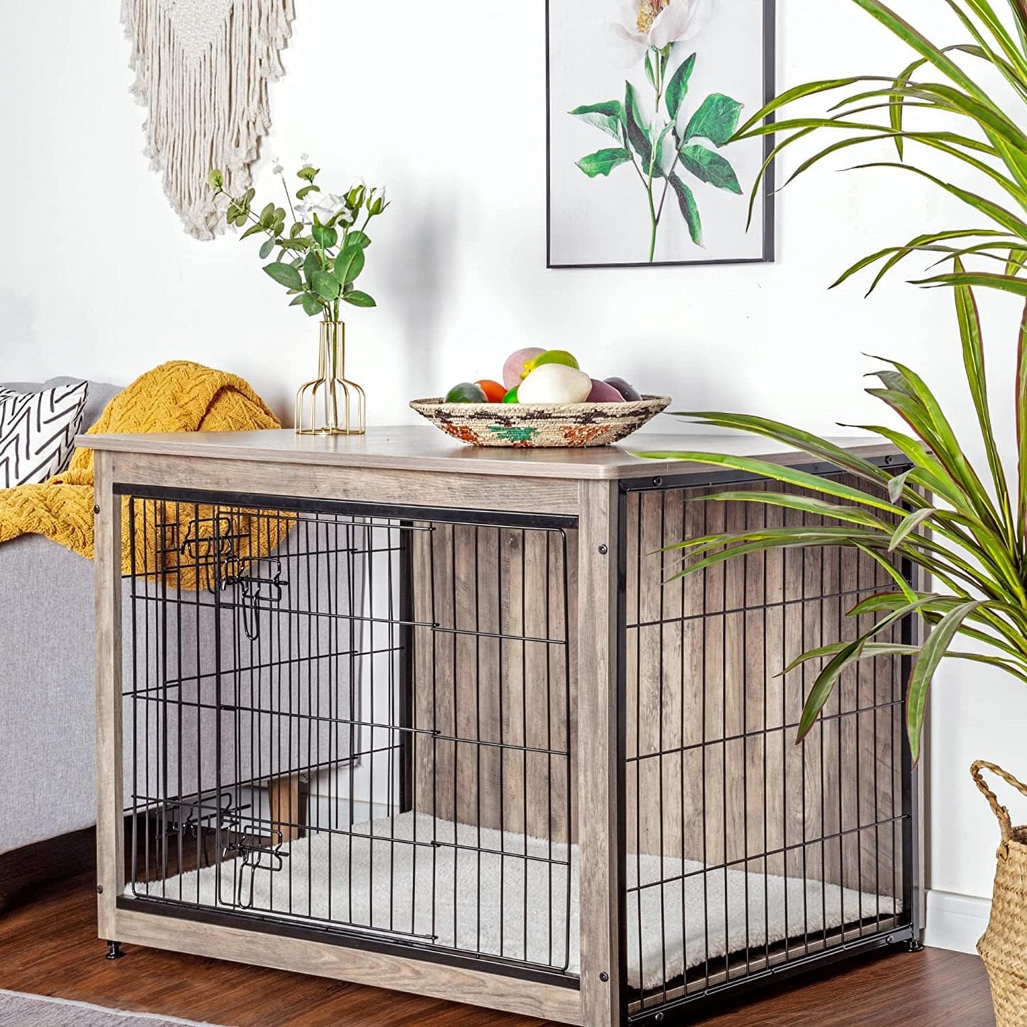 DWANTON Dog Crate Furniture with Cushion, Wooden Kennel Table with Double Doors, Indoor Dog House, Large Size, 38.5" L, Greige