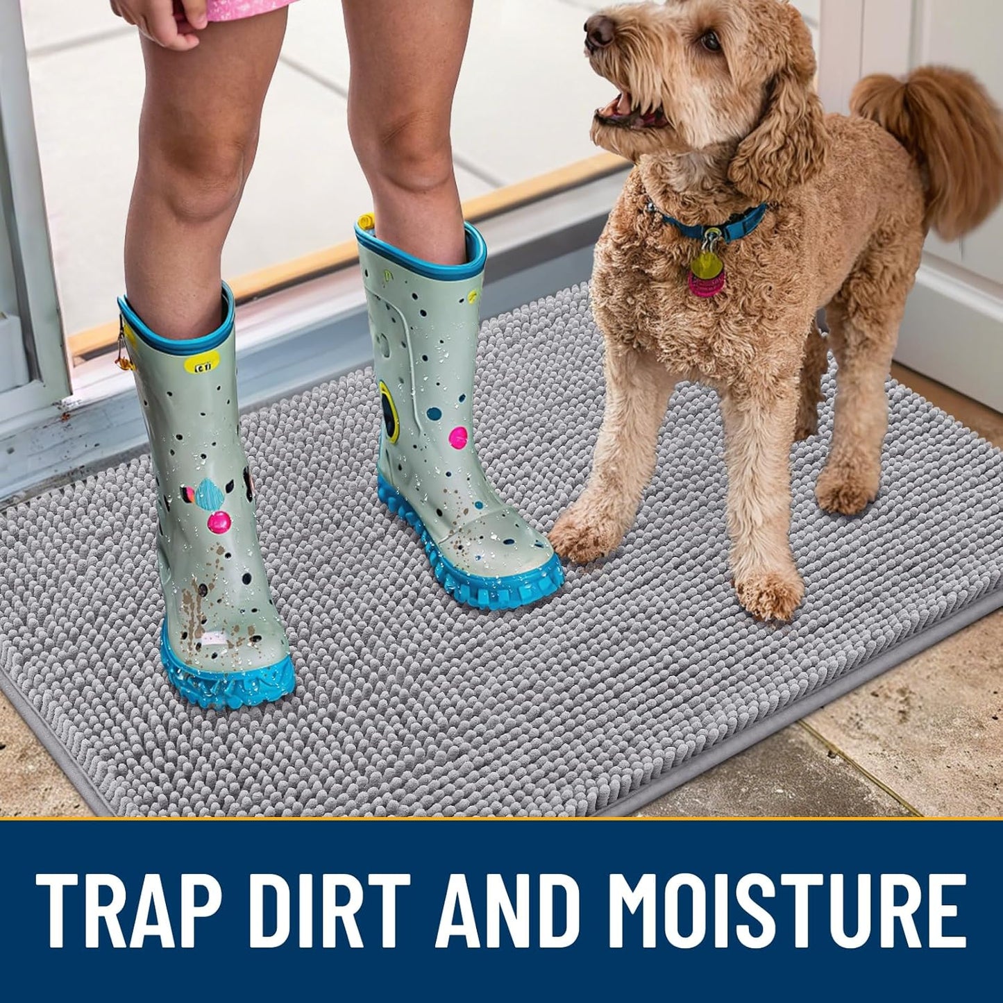 Smiry Dog Door Mat for Muddy Paws 36x24, Absorbs Moisture and Dirt Doormat, Non-Slip Washable Quick Dry Chenille Front Door Mat Indoor Entrance, Entryway Carpet for Inside Floor, Light Grey