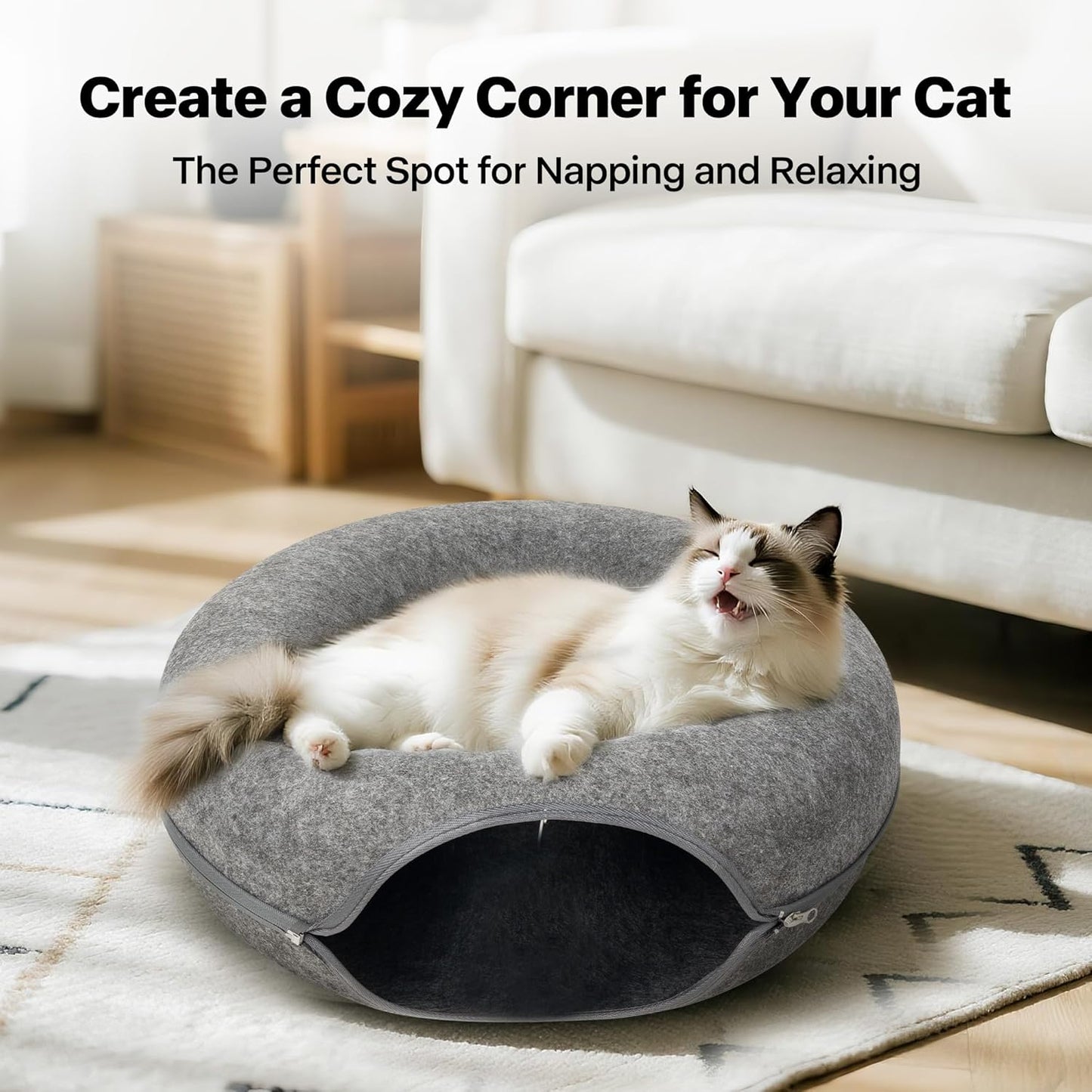 Pawise Peekaboo Cat Cave Donut Tunnel Bed, Cat Tunnel Bed,Bonus Separate Pom-Pom Bell Toy (Not Attached to Cave),Convertible Felt Cats Cave for Indoor Catty(Large)