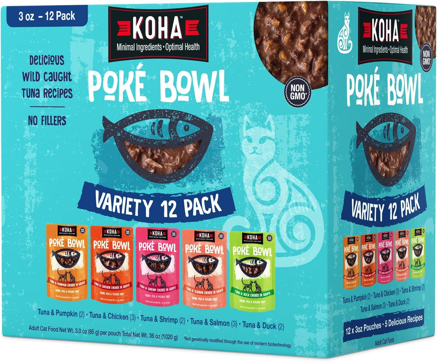 KOHA Poké Bowl Cat Variety Pack, Wet Cat Food in Gravy - 7 Flavors - Tuna Combinations of Salmon, Chicken, Lamb, Duck, Shrimp, and More - 3 oz Pouches, Pack of 12