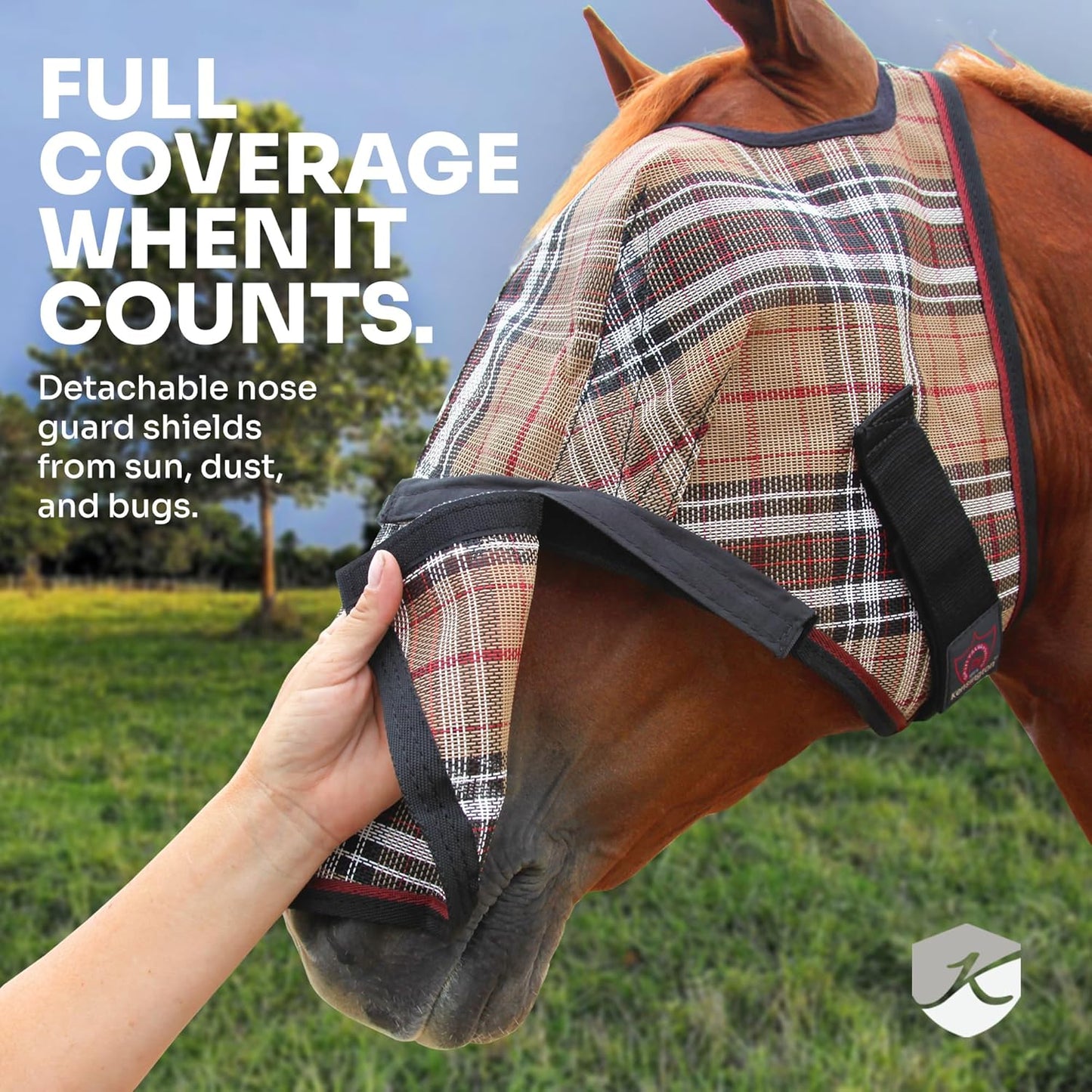 Kensington Signature Fly Mask with Removable Nose — Protects Horses Face and Nose from Biting Insects and UV Rays While Allowing Full Visibility — Ears and Forelock Able to Come Through The Mask