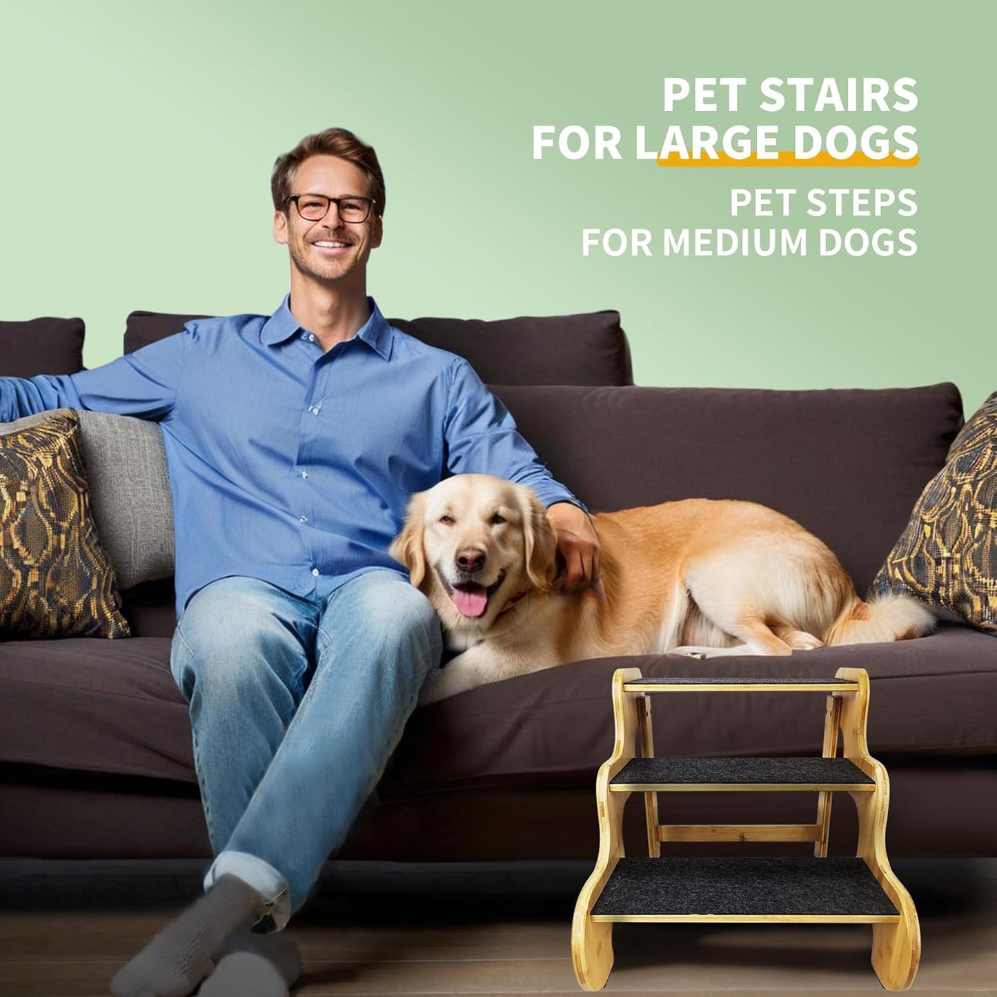 Dog Stairs for Large/Oldder Dogs,4 Steps Bamboo Wooden Pet Ramp for High Beds, Cars & Couch Sofa - Supports Dog Up to 160 LB,20-inches High