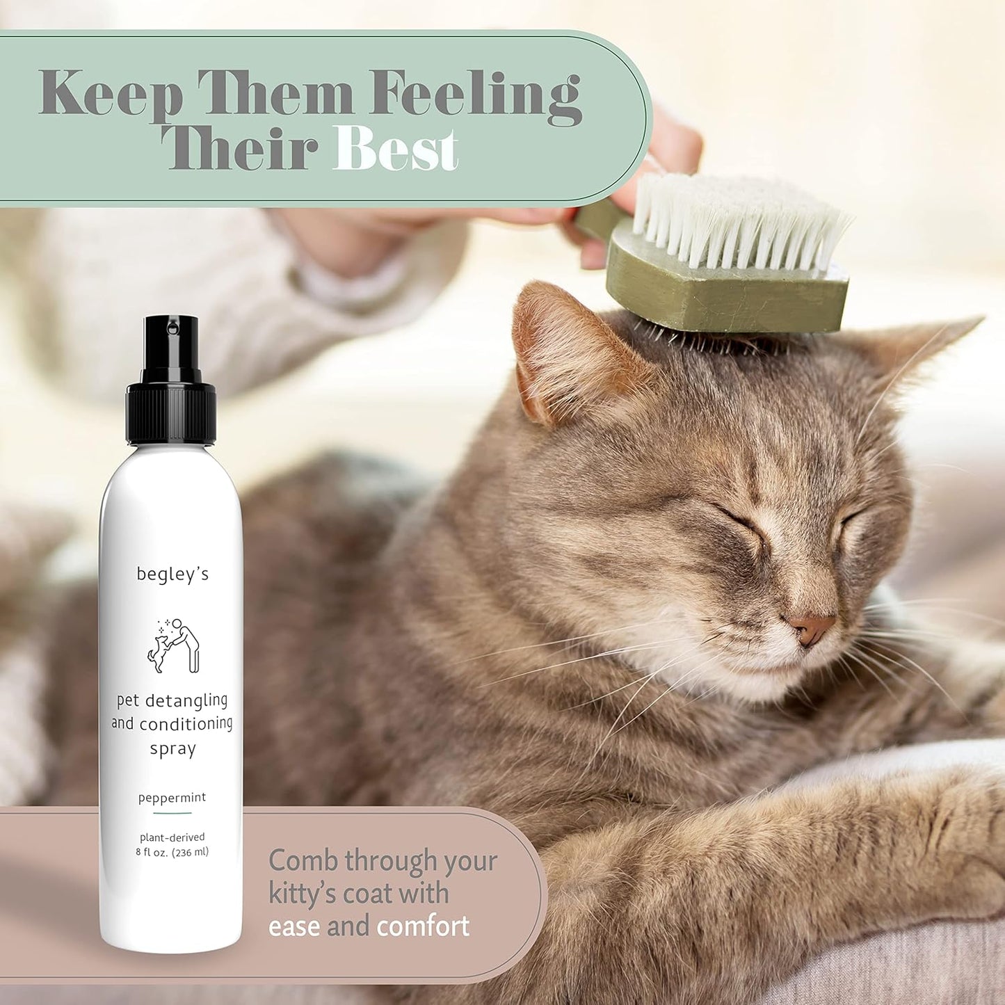 Begley's Pet Detangling Spray - Premium Essential Oil Scented Detangler Spray for Dogs, Puppies & Cats - Dog Leave in Conditioner Spray - Dematting Spray for Dogs & Pets - 8 oz, Peppermint