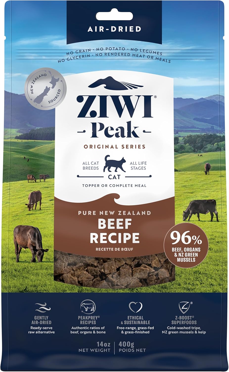 ZIWI Peak Air-Dried Cat Food – Beef - All Natural, High Protein, Grain Free, Limited Ingredient w/ Superfoods (14oz)