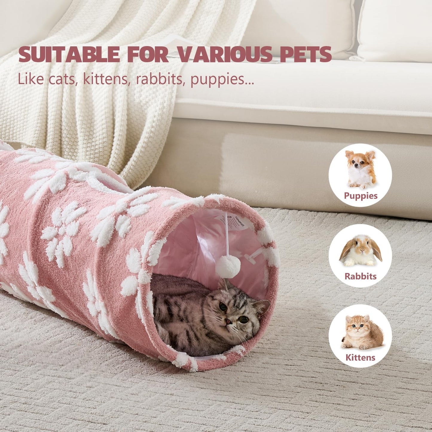 Straight Cat Tunnel for Indoor Cats 47"x12", Cute Cat Toys Collapsible Tunnel Tube with Balls for Puppy Kitten Rabbit, Pink Flower