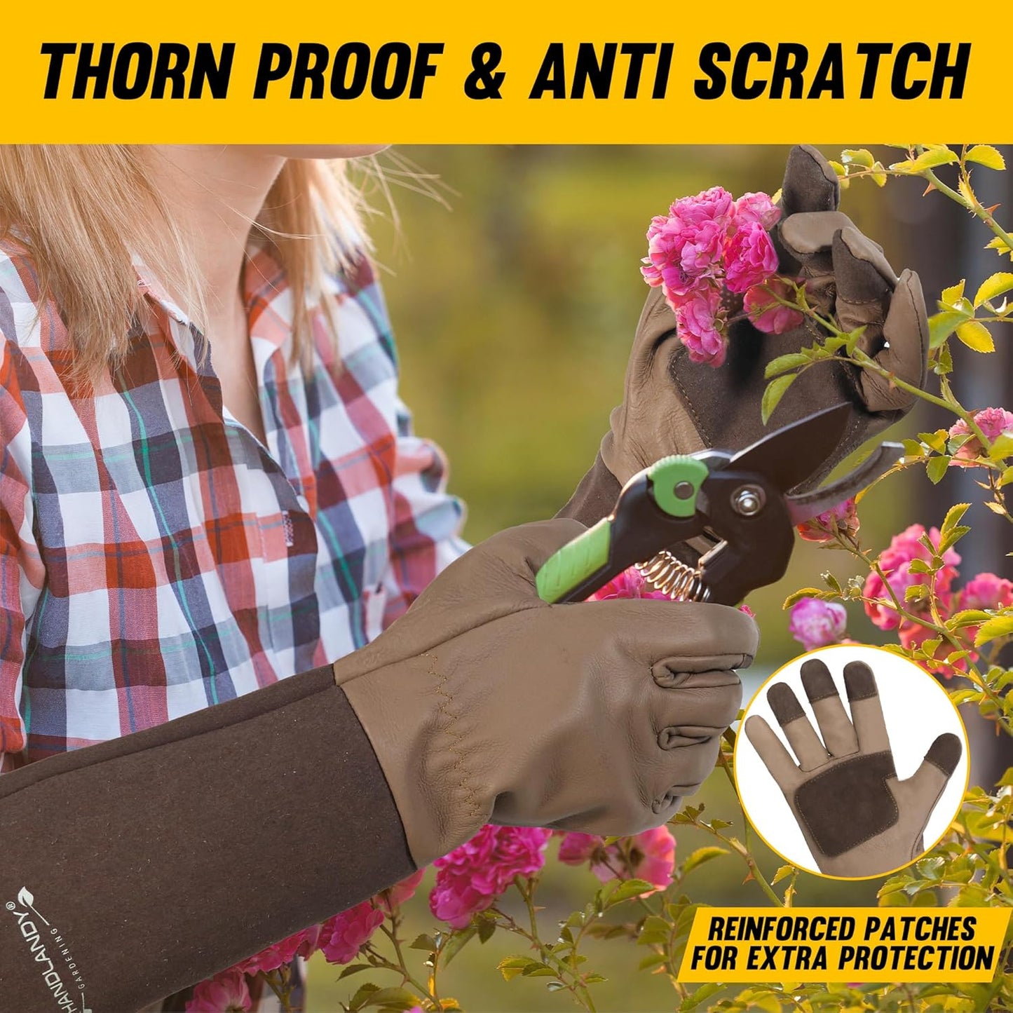 HANDLANDY Long Gardening Gloves for Men & Women, Cowhide Leather Rose Pruning Gloves- Breathable & Durable Gauntlet Glove (Small, Brown)