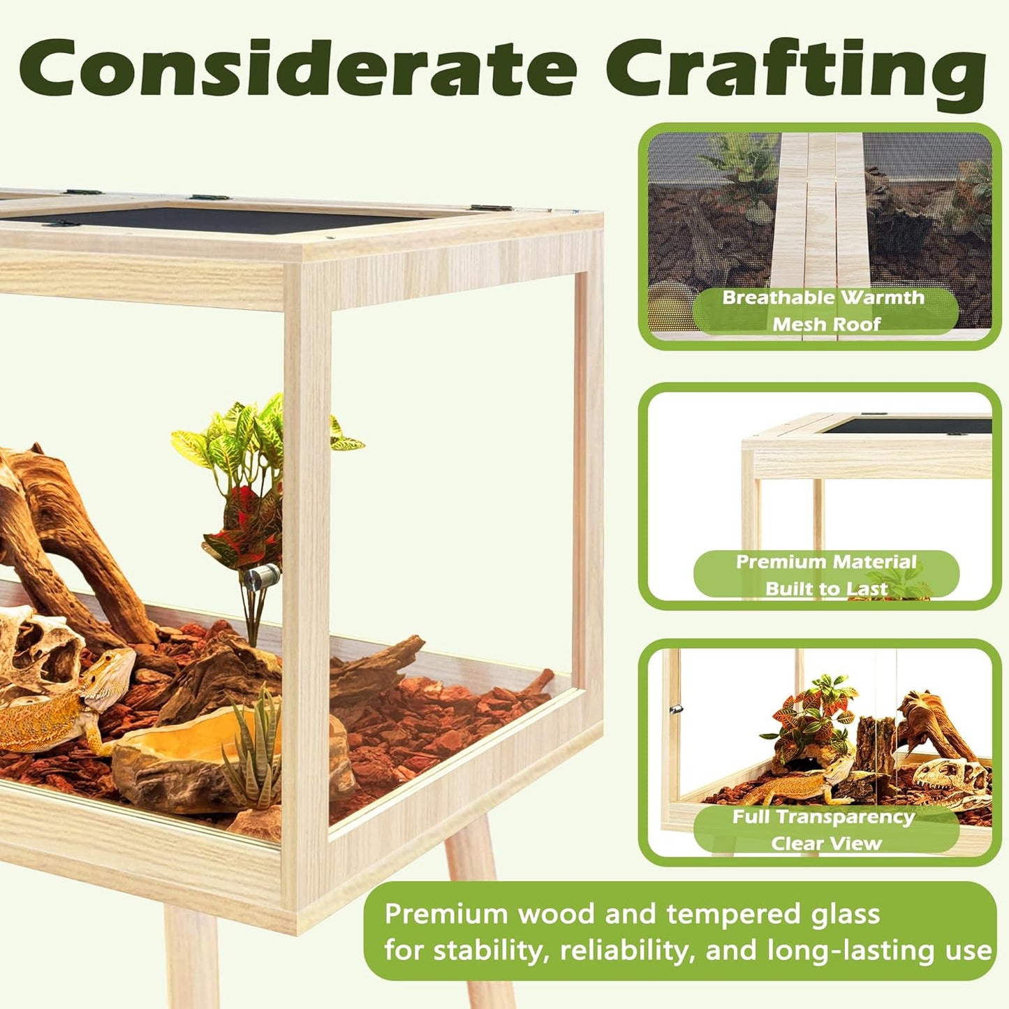 Prolee Bearded Dragon Tank with Leg,Tempered Glass Lizard Tanks and Reptile Enclosure,Up to 78 Gallon Reptile Tank with Metal Mesh and Lockable Door for Spacious Snakes and Chameleon(Oak,24inch)