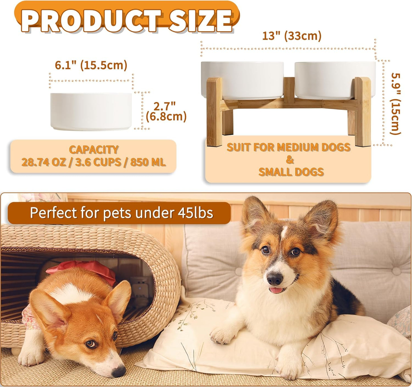 Elevated Ceramic Dog Bowl Set - Raised Dog Bowls with Non-Slip Bamboo Stand - Dog Food and Water Bowl Set - Double Dog Feeding Bowls - Suitable for Small and Medium Dogs - 28.74 OZ - 3.6 CUPS - 850 ML