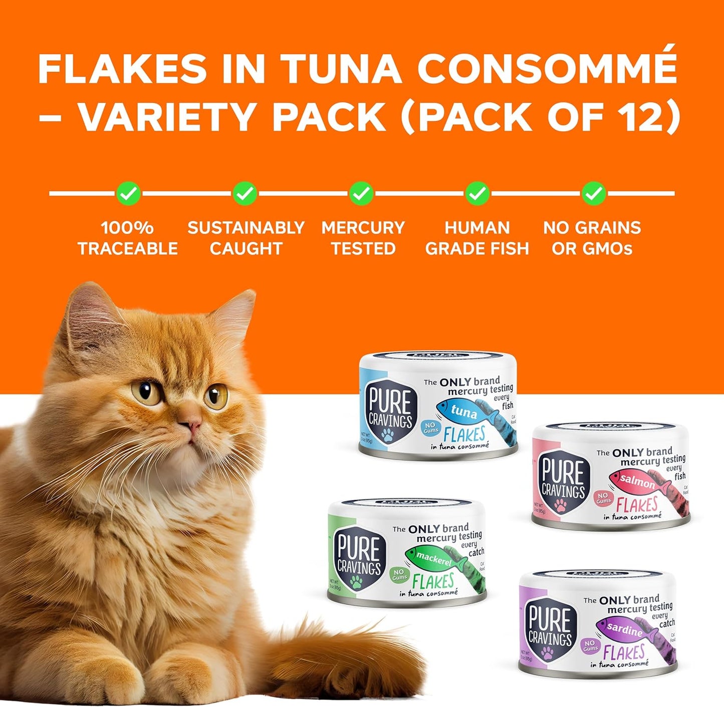 Flakes in Tuna Consommé, Canned Wet Cat Food Soup, 100% Mercury-Tested, Moist Can Fish, Grain-Free Protein, Non-GMO, 3oz, Variety Pack 3X Tuna, 3X Salmon, 3X Sardine, 3X Mackerel