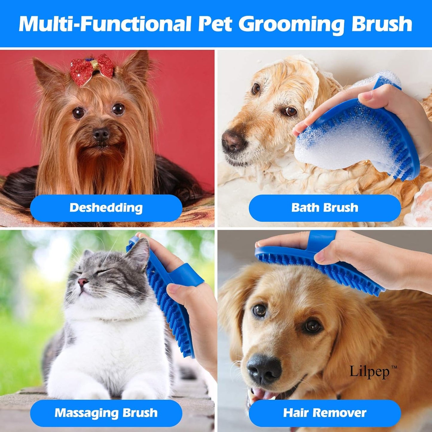 Lilpep Dog Bath Brush, Rubber Pet Shampoo Brush with Silicone Bristles for Massaging Grooming, Removing Short Haired Dogs Cats Shedding, Tangles and Dead Undercoat 2pcs (Blue+Red, plum brush)