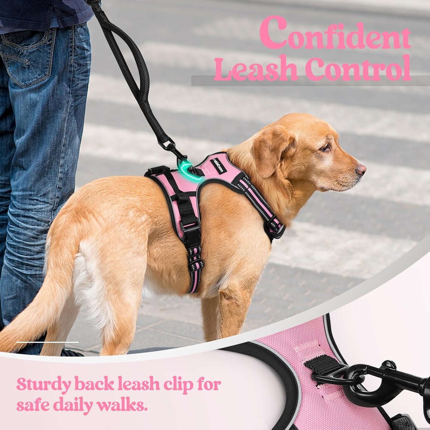 rabbitgoo Dog Harness No Pull with 2 Leash Clips, Adjustable Soft Padded, Reflective Oxford No Choke Pet Vest with Easy Control Handle for Large Dogs, Pink, L