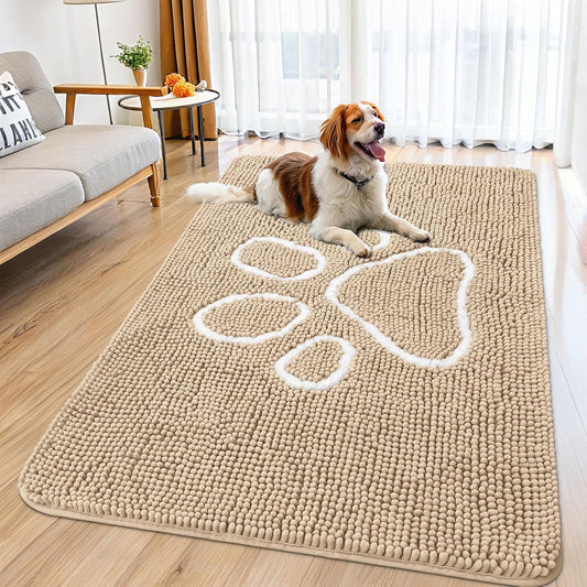 Smiry Dog Door Mat for Muddy Paws, Absorbent Dirt Trapper Non Slip Quick Dry Washable Chenille Mat for Mud Dogs, Entry Rug for Indoor and Outdoor (59x35 Inches, Beige)