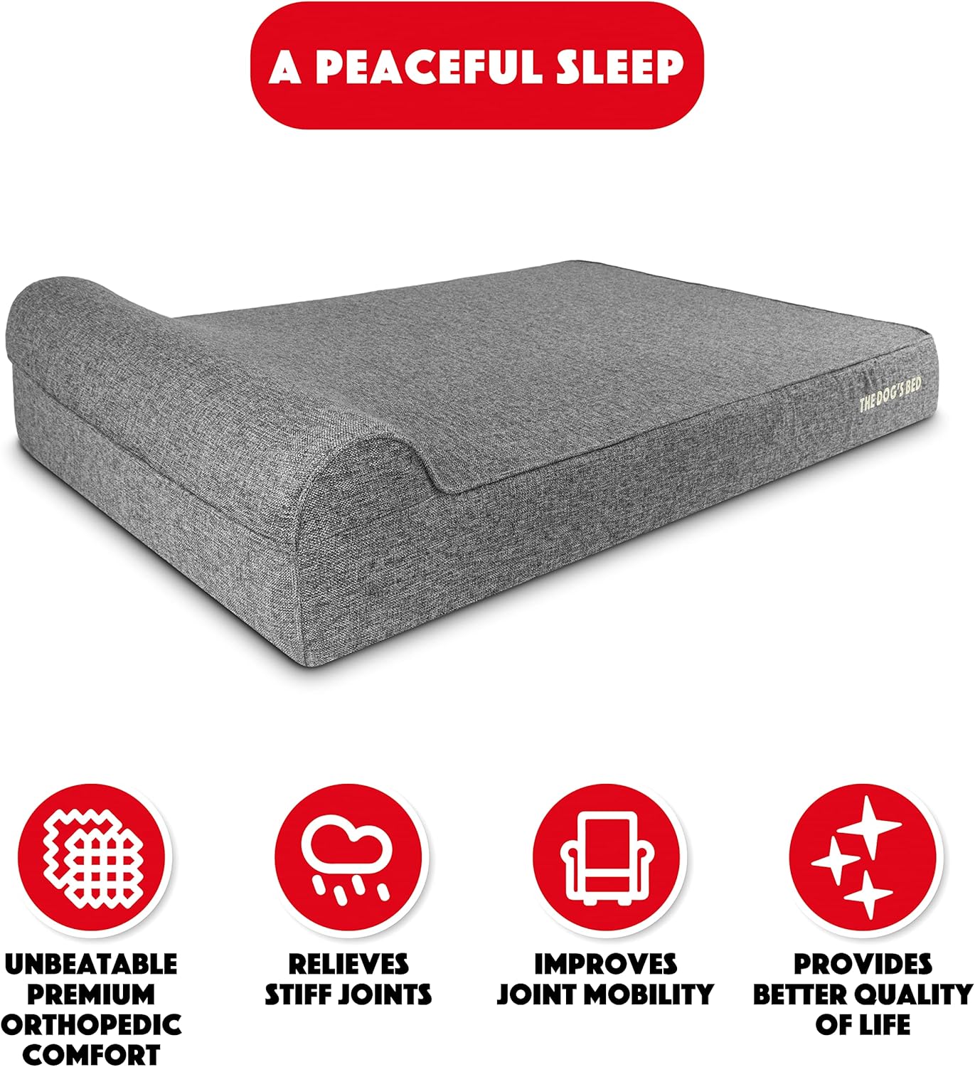 The Dog’s Bed Orthopedic Headrest Dog Bed XXL Grey Linen 54x36, Memory Foam, Pain Relief for Arthritis, Hip & Elbow Dysplasia, Post Surgery, Lameness, Veterinary Approved, Waterproof Washable Cover