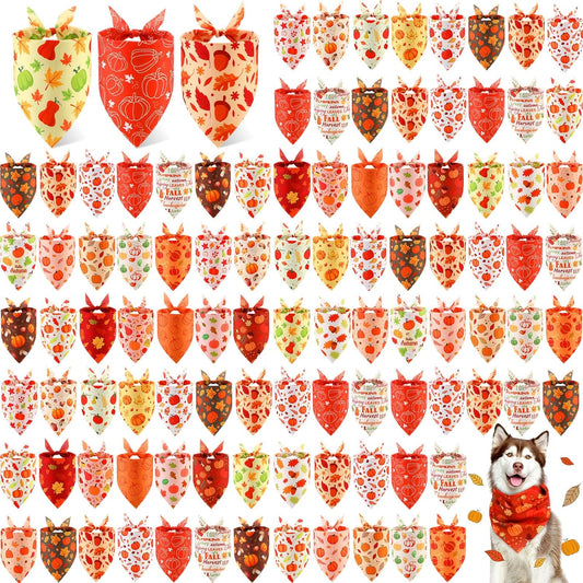 Chunful 100 Pieces Fall Dog Bandanas Bulk Autumn Pet Bandanas with Pumpkin Patterns Triangle Scarf Bib Kerchief Set for Small Large Dog Thanksgiving Costume Accessories (31.5 x 21.7 x 21.7)