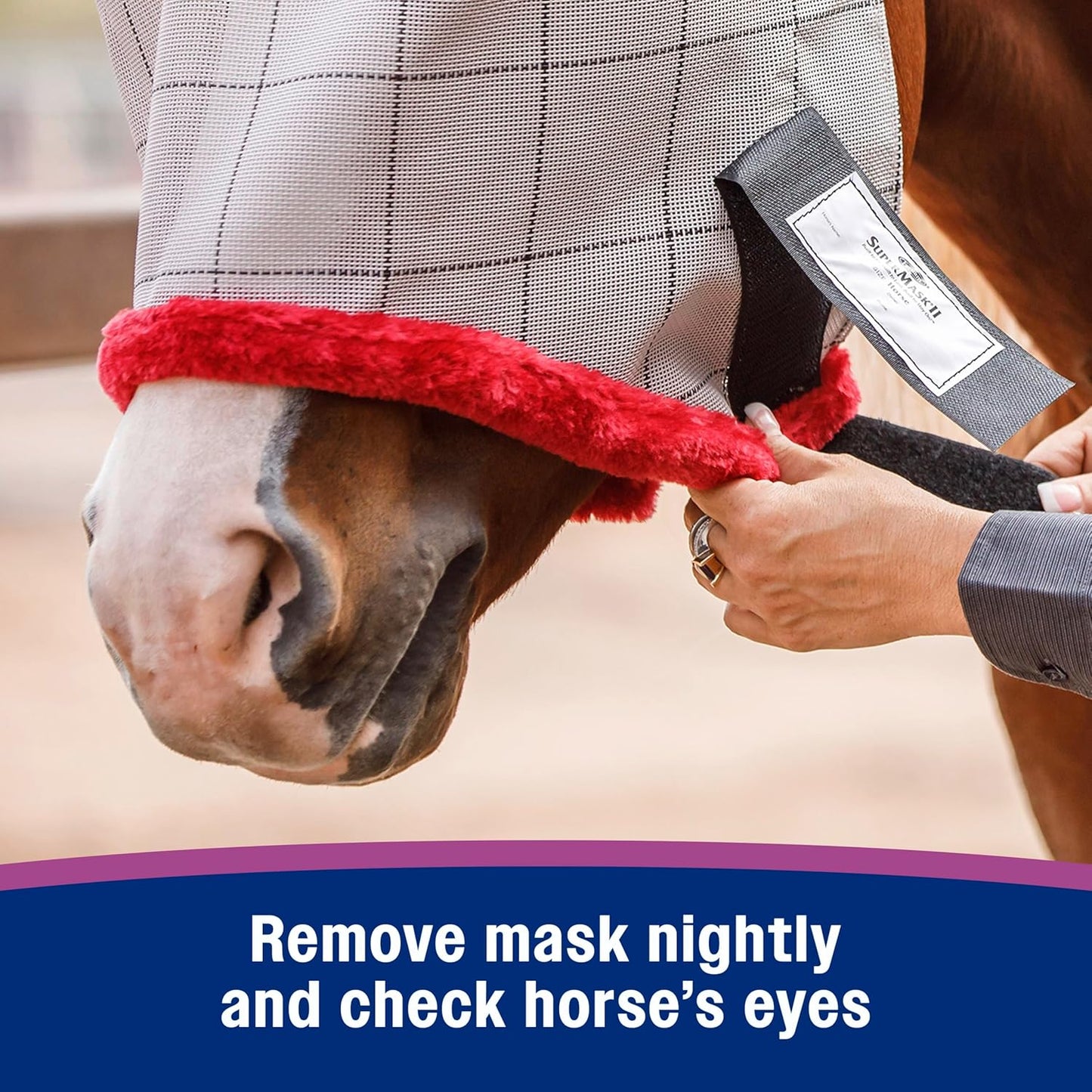 Farnam SuperMask II horse fly mask without ears, extended coverage, protects eyes from insects and debris, adjustable throat latch, Yearling size