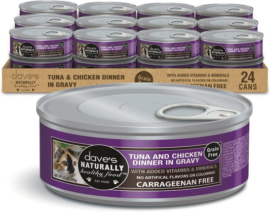 Dave's Pet Food Grain Free Wet Cat Food Gravy (Tuna & Chicken Dinner in Gravy), Naturally Healthy Canned, Added Vitamins, 5.5 oz Cans (24 Pack)