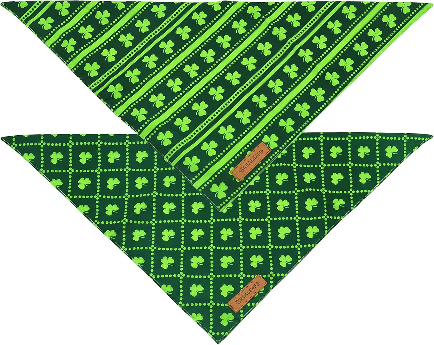 Realeaf St. Patrick's Day Dog Bandanas 2 Pack, Reversible Green Shamrock Pet Scarf for Boy and Girl, Premium Durable Fabric, Holiday Bandana for Large and Extra Large Dogs (X-Large)